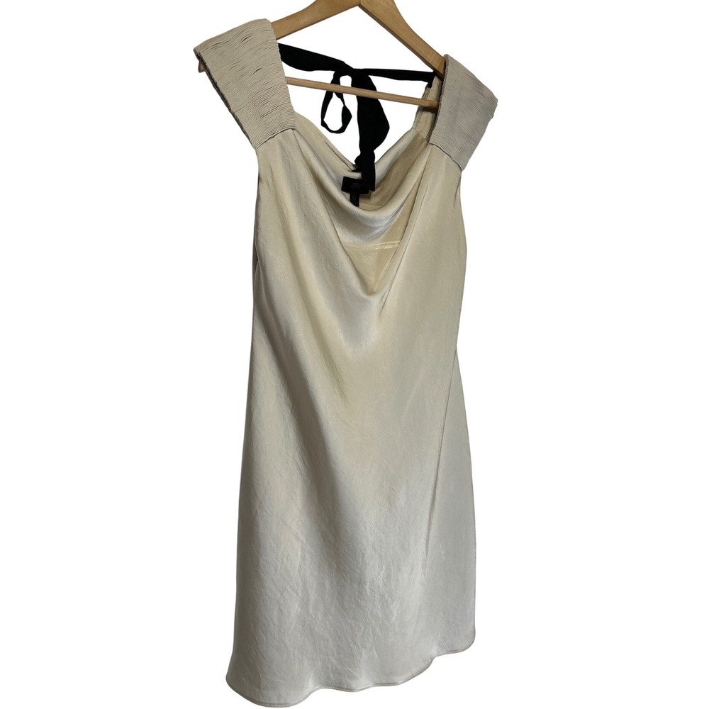 Banana Republic Champagne Satin Cowl Neck Dress Pleated Cap Sleeve Ribbon Tie XS